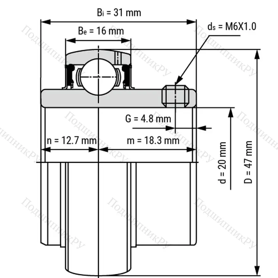 Радиальный шарикоподшипник из нержавеющей стали SS UC 204 - Вал 20мм
